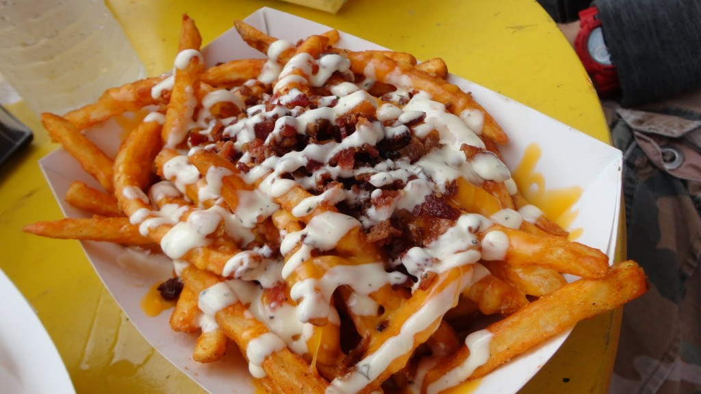 a closeup photo of Dat Dog's cheddar bacon and ranch fries